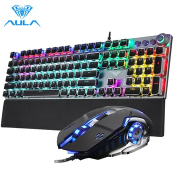 

AULA Mechanical Gaming Keyboard Mouse Combo 104keys Anti-ghosting Black/Blue Switch Gaming Keyboards Set for Gamer PC Desktop
