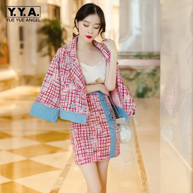

Brand New Womens Spliced Tweed Jacket Wrap Mini Skirt Two Piece Set Colors Mixed Tassel Twill Office Party Outfits Conjunto Suit