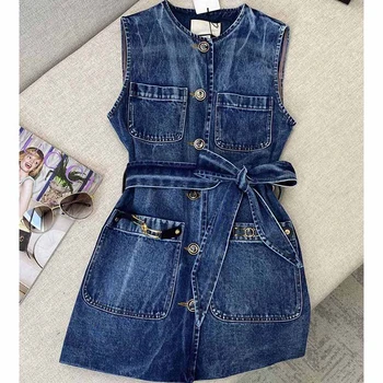 

Cosmicchic 2020 Women Sleeveless Denim Dress Runway Single-breasted Vest Jeans Dress Casual Belt Pocket Vintage Office Dresses