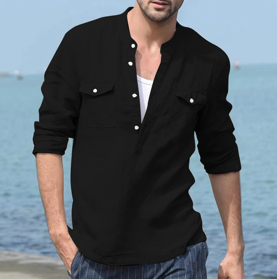 Men Clothes 2019 Button Cotton Linen Long Sleeve Shirts Casual Holiday Street Slim Fit Tops Four Color Mens Sexy V Neck Shirts