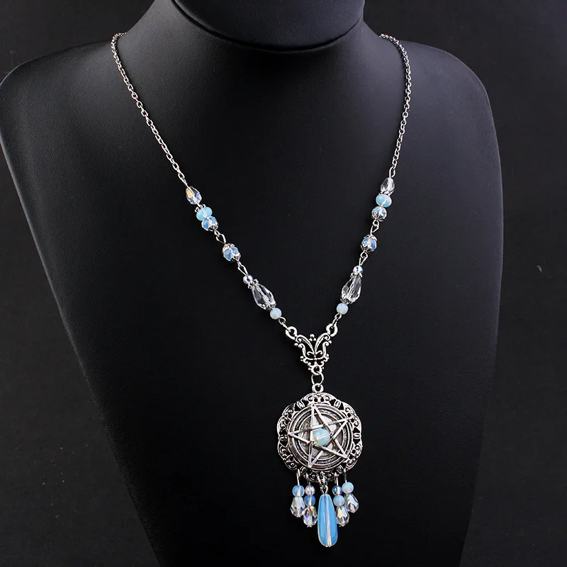 Gothic Pentagram Start Necklace Women Crystal Beads Long Pendant Chain Necklace Initial Statement Necklace Trendy Jewelry