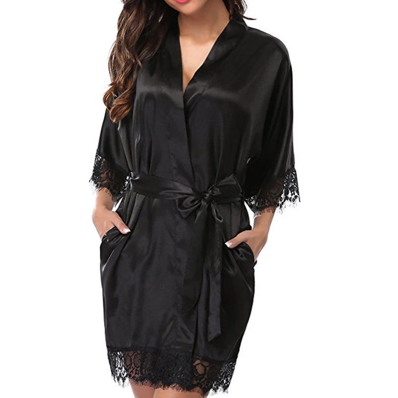 Кружевное ночное белье халат женский пеньюар шелковое атласное Эротическое белье Мини однотонное платье с v-образным вырезом ночная рубашка пояс Ночная одежда - Цвет: Black