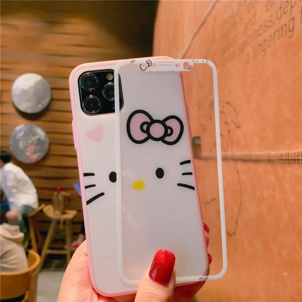 Закаленное стекло Hello kitty из двух частей чехол для телефона для iphone 11 Pro Max 6 6splus 7 8 plus X XR XS MAX аниме закаленное покрытие