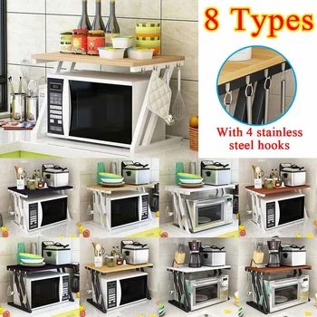

8 Type Steel+Wood Microwave Oven Shelf Rack Kitchen Shelf Spice Organizer Stand Holder Kitchen Counter Storage Rack Space Saver