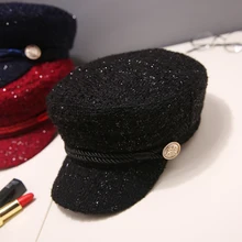 Fashion Button Tweed Glitter Military Beret Hat Spring Autumn Sailor Hats For Women  Female Travel Cadet Hat Captain Cap