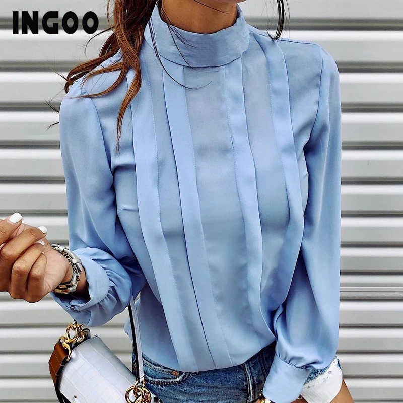 INGOO Autumn Turtleneck Office Women Shirt Lantern Long Sleeve Ruched Pleated Blouses Button Elegant Blue White Shirts Female