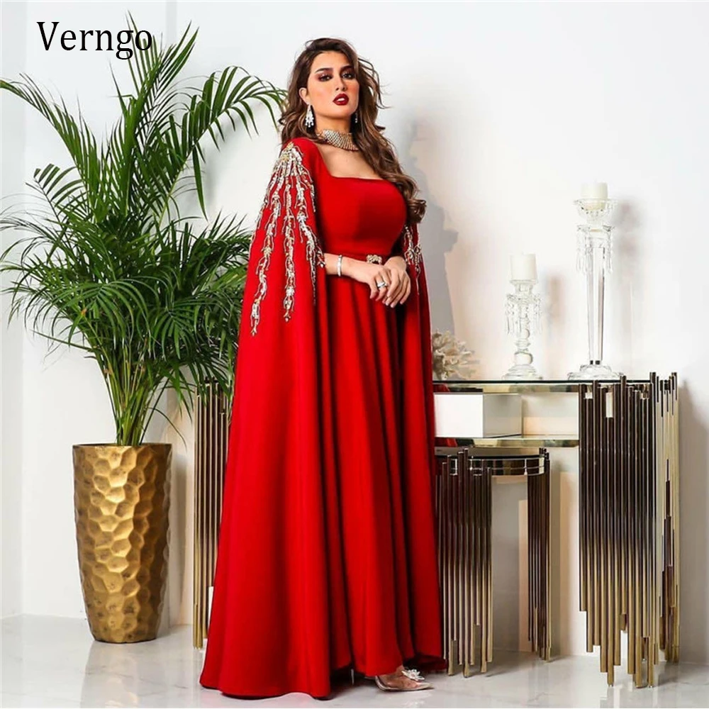 

Verngo 2021 красные атласные трапециевидные вечерние платья Caftan Длинная накидка с бусинами аппликация вышивка Дубай арабские Женские официальные платья для выпускного вечера