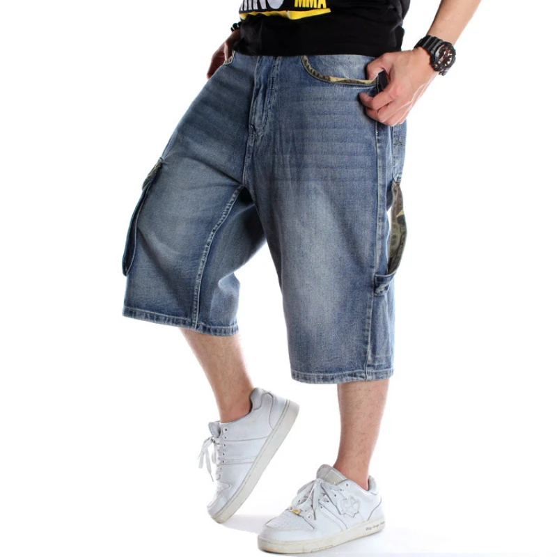 Mens Plus Size Loose Baggy Denim Short Men Jeans Fashion Streetwear Hip Hop Long 3/4 Capri Cargo Shorts Pocket Bermuda Male Blue Mens Plus Size Loose Baggy Denim Short Men Jeans Fashion Streetwear Hip Hop Long 3/4 Capri Cargo Shorts Pocket Bermuda Male Blue