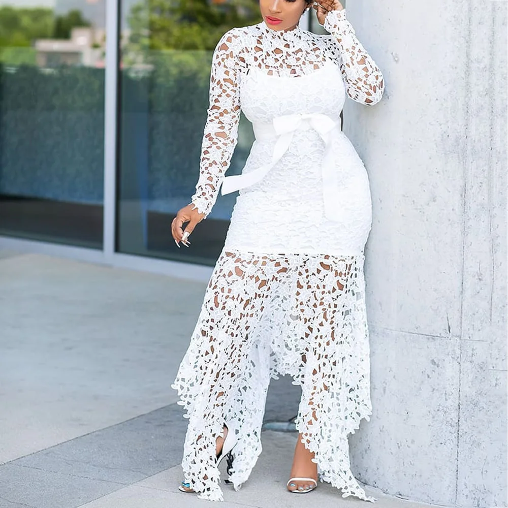 

Sexy Office Ladies Travel Beach Plus Size Party Women Long Dresses Turtleneck African Hollow Lace Mesh Vintage Maxi Dress