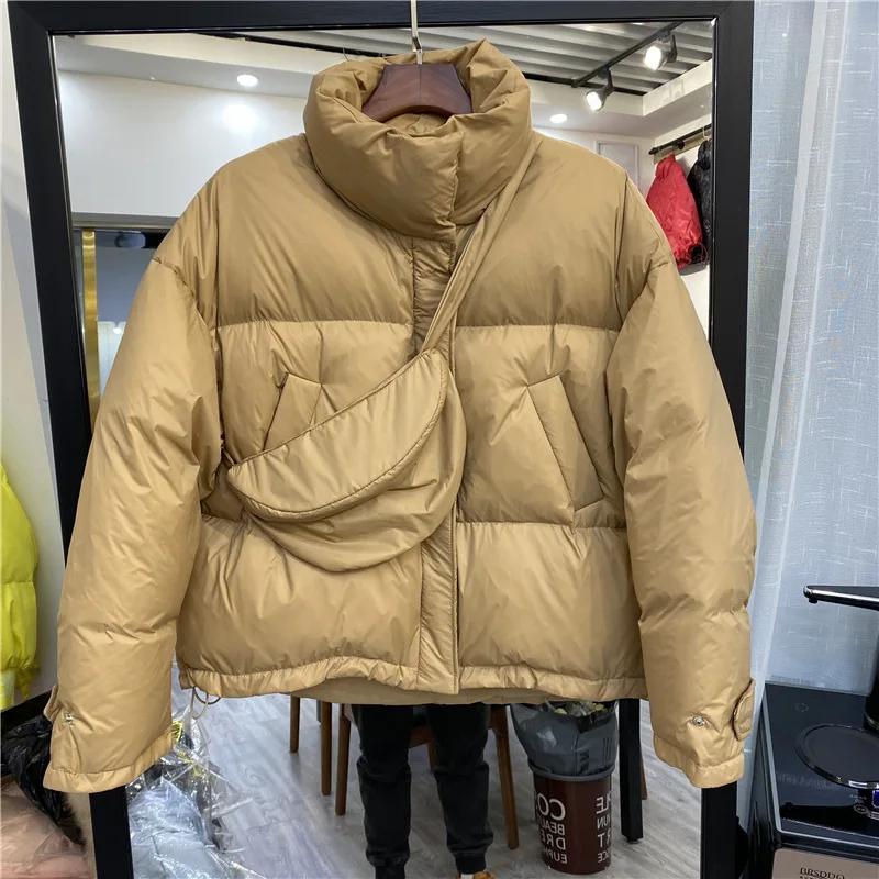 Women Short Down Jacket with Bags Loose Thick White Duck Down Filled Bread Jacket for Winter Outer Wear Coat