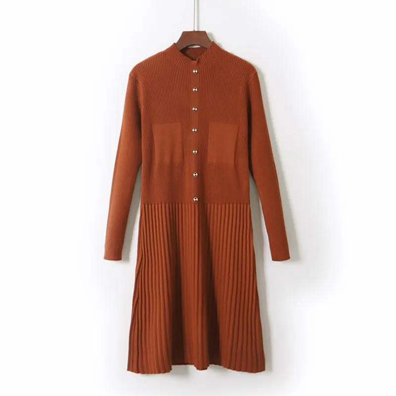 Brown XY7952 GIGOGOU, длинное женское платье, на пуговицах, ложный карман, трикотажное ТРАПЕЦИЕВИДНОЕ ПЛАТЬЕ, водолазка, пуловер, топы, мягкие, для женщин, макси, Vestidos de fiesta de - Цвет: Brown XY7952