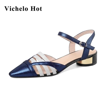 

Vichelo Hot large size korean girls sheep leather patchwork small square toe med round heel buckle straps dating women pumps L65