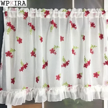

Korean Pastoral Small Red Flower Embroidery Half Curtain Cabinet Door Window Tulle Short Curtain DL-WP261&40