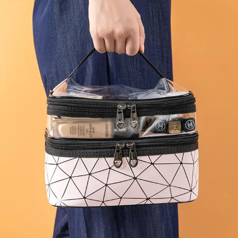 

Fashion Double Layer PU Make up Bag Organizer Makeup Cases Box Bags Travel Waterproof Toiletry Storage Beauty Women Cosmetic Bag