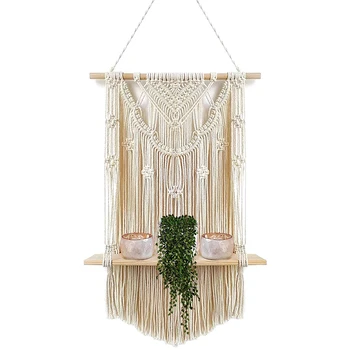 

Macrame Wall Mount with Floating Wooden Shelf Handmade Tassel Shelf for Hanging Plants and Decoration