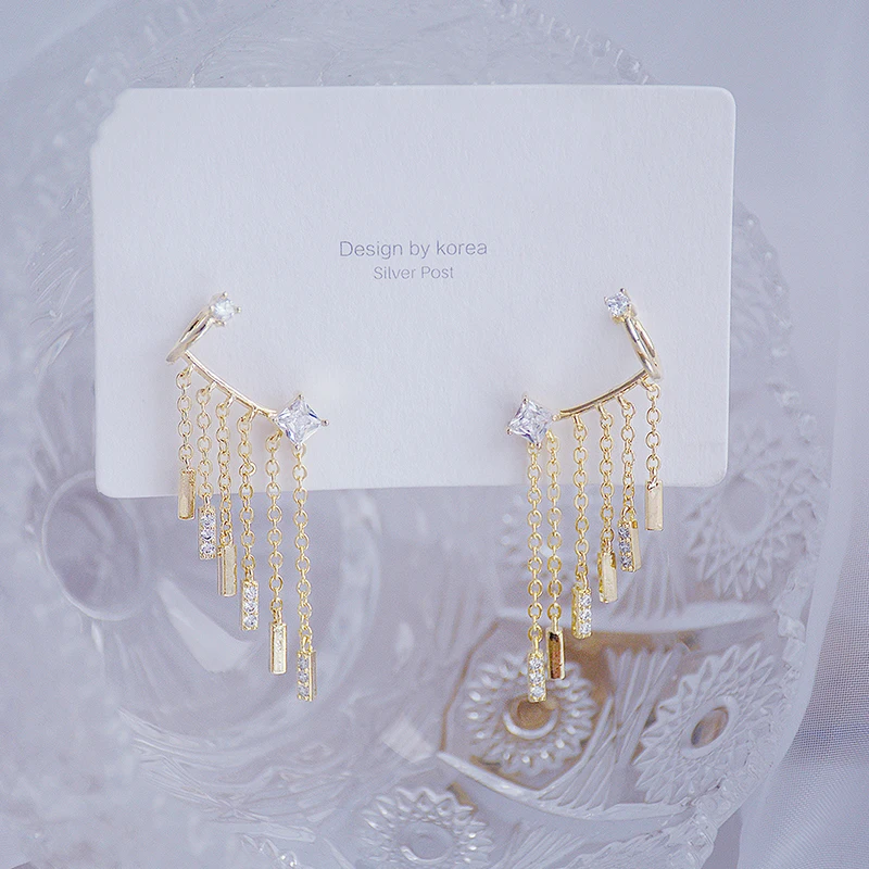 Luxury Temperament Bling Zircon Tassel Earring for Women 14k Real Gold Earclip Charm Wedding Engagement Clip Earring Jewelry