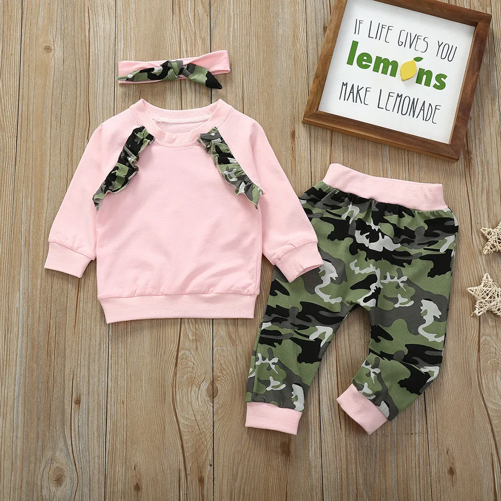 Одежда для маленьких девочек; рубашка с оборками для новорожденных девочек; топы; брюки с камуфляжным принтом; одежда для волос; Roupa Infantil Menina