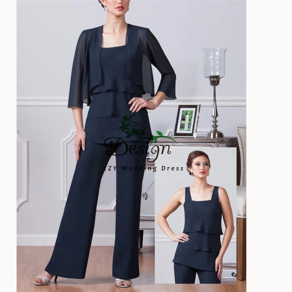 navy Blue Строгие брюки, костюмы для матери невесты из двух частей темно-синего ярусного шифона на тонких бретелях с рукавами 3/4 - Цвет: navy Blue