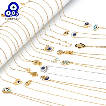 

Lucky Eye Fatima Hand Heart Butterfly Evil Eye Pendant Necklace Titanium steel Gold Silver Color Chain Necklace for Women BE04