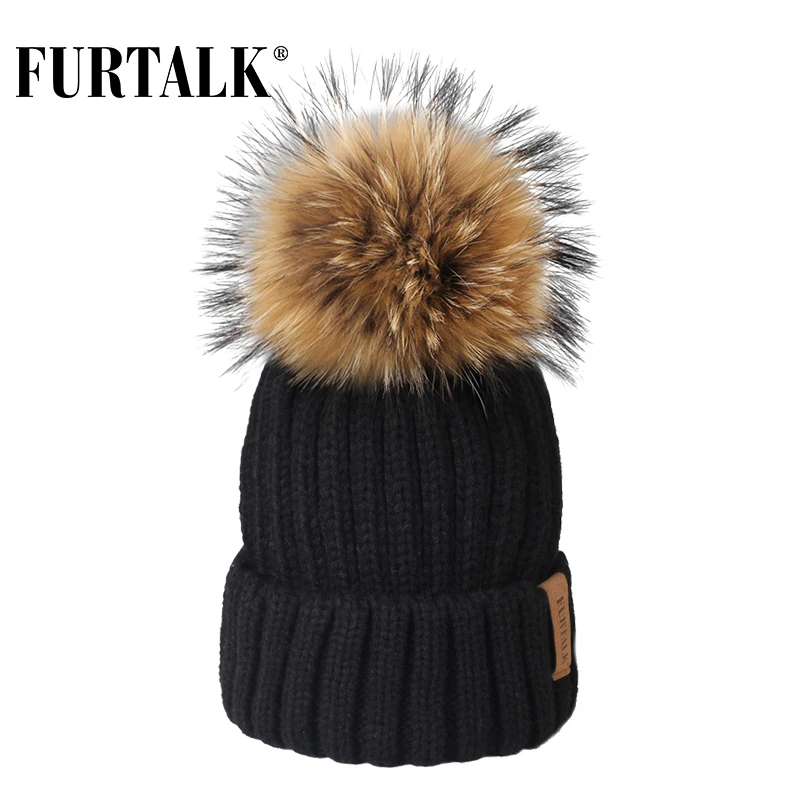 FURTALK зимняя шапка, шарф, набор для женщин, шапка с меховым помпоном, женская зимняя теплая шапка и кольцо, набор, черный, белый цвет