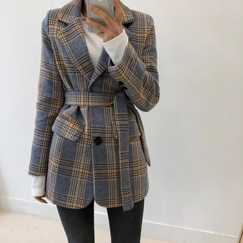 Najtaniej Jesień w stylu Vintage Plaid kobiety Blazer płaszcze Casual pojedyncze guziki Sashes kobieta Blazers moda zima z długim rękawem panie Blazers