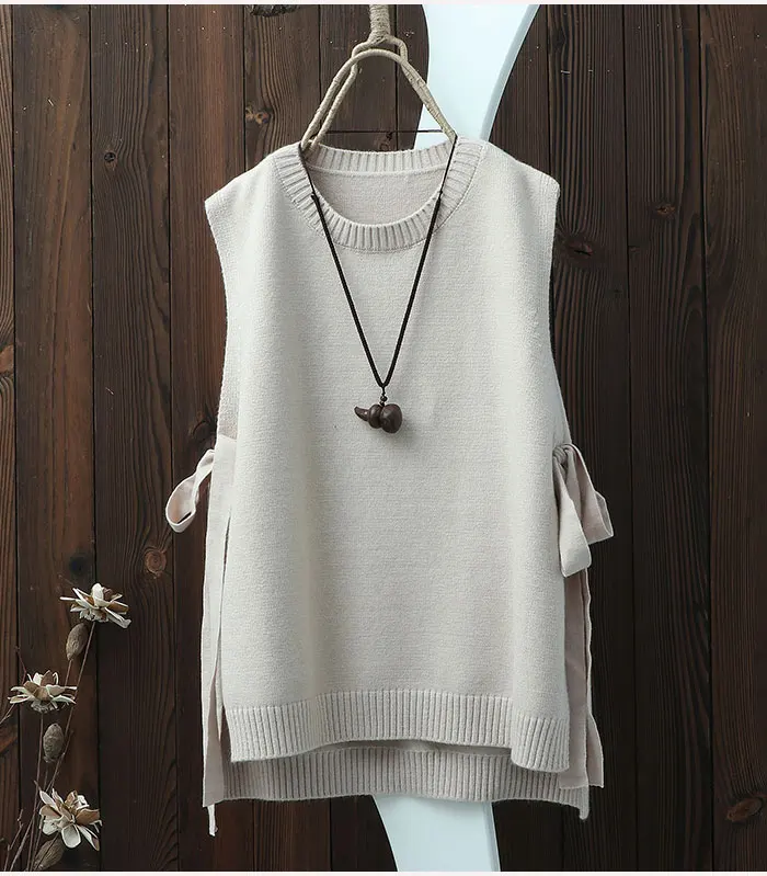 Весенний пуловер с круглым вырезом без рукавов Вязанный жилет Женский Плюс Размер боковой бандаж тонкий выдалбливающий свободный боковой Сплит жилет