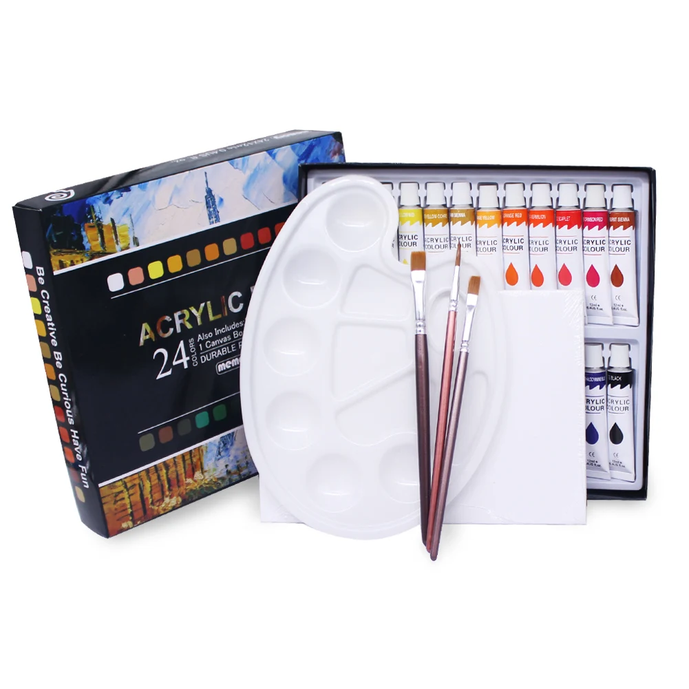 Mémoire 24 couleurs ensemble de peintures acryliques pour tissus peinture vêtements Pigments-comprend 3 pinceaux 1 Palette & 1 toile