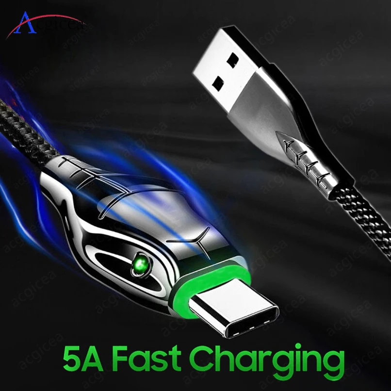 Кабель USB Type-C 5A светодиодный для Samsung S20 S9 Xiaomi mi Huawei провод быстрой зарядки