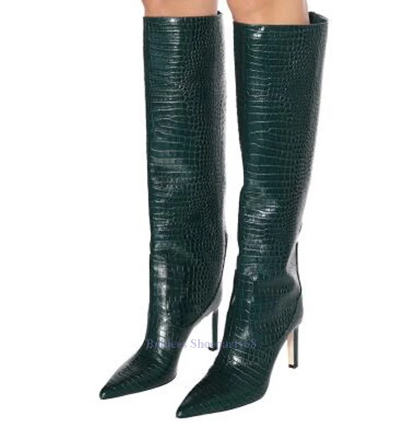 Green White Crocodile Printed Pattern Pointed Toe Sexy Thin Heeled Woman Knee High Boots Ladies Designer Long Botas Plus size 46 | Обувь