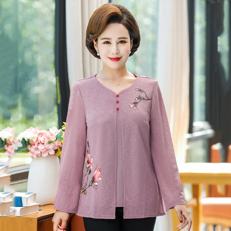 

Fake Two Pieces Women T-Shirts 2019 Spring Fall New Fashion Elegant Middle Aged Mother Tops Long Sleeve Bottoming Shirt