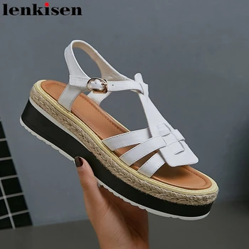 

Lenkisen new preppy style basic beauty lady sheep leather hollow bling peep toe ankle straps thick bottom superstar sandals L24