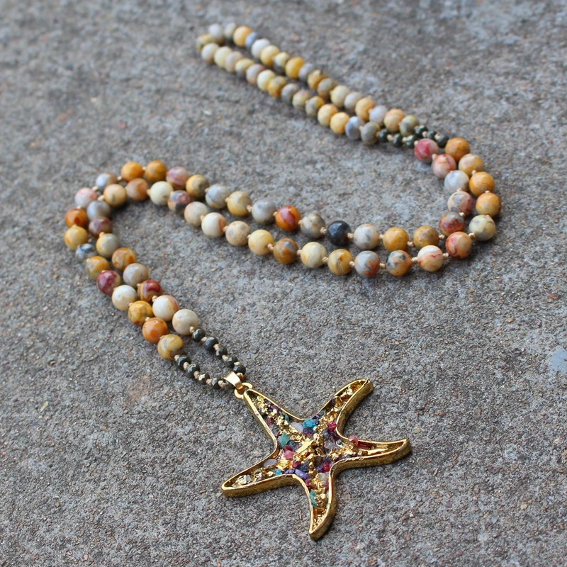 

Women Necklace 8mm Chrysanthemum Stone Pyrite Starfish Pendant Vintage Handmade Necklace Beaded Women Necklace