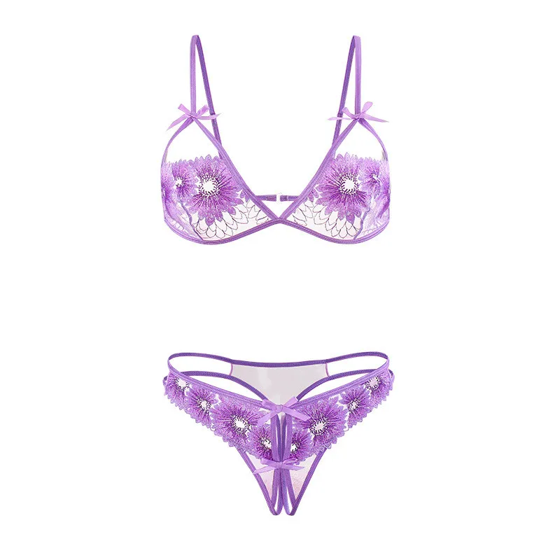 

EYE'S QUEEN Sexy bra briefs Sets gather embroidery printing flower mesh Women lingerie transparent Perspective Bikini Night Wear