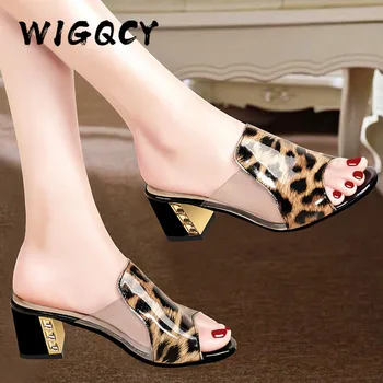 Women Peep Toe Mid Heel Summer Mule Shoes