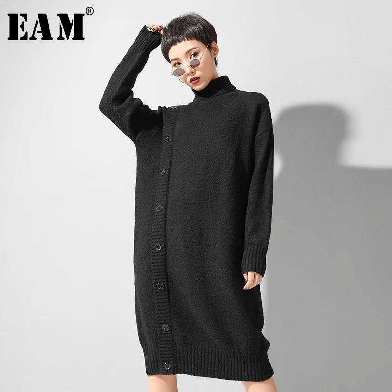 [EAM] женское черное вязаное платье большого размера с разрезом на пуговицах, новинка, высокий воротник, длинный рукав, свободный крой, мода весна-осень, 1H881