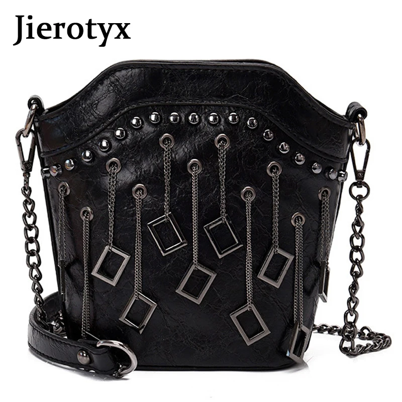 Женская сумка ведро с заклепками JIEROTYX брендовая мессенджер цепочкой кисточкой и