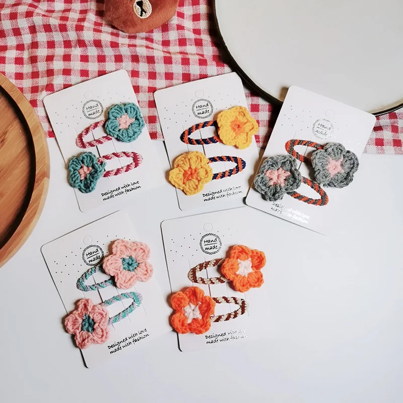

1 Pair Autumn and Winter Sweet Girl Children's Simple Cute Colorful Wool Knitted Flower BB Clip Fashion Korean Hair Accessories