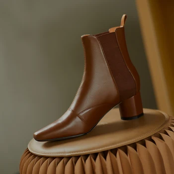 

Newest Square Toe Ladies Boots Genuine Leather Concise High Heels Pumps Working Party Shoes Woman Heels