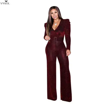 

Women Jumpsuits High Stretch Nylon Shiny Gold Silk Casual Sexy Jumpsuits V Neck Long Sleeve Romper Wide Leg Pants Women Overalls
