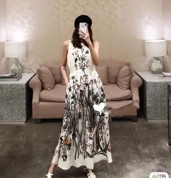 

2020 Summer Designer Runway Fashion Dress Women O-Neck Sleeveless Floral Print Elegant Empire Slim Popular Top Mid-Calf Dress