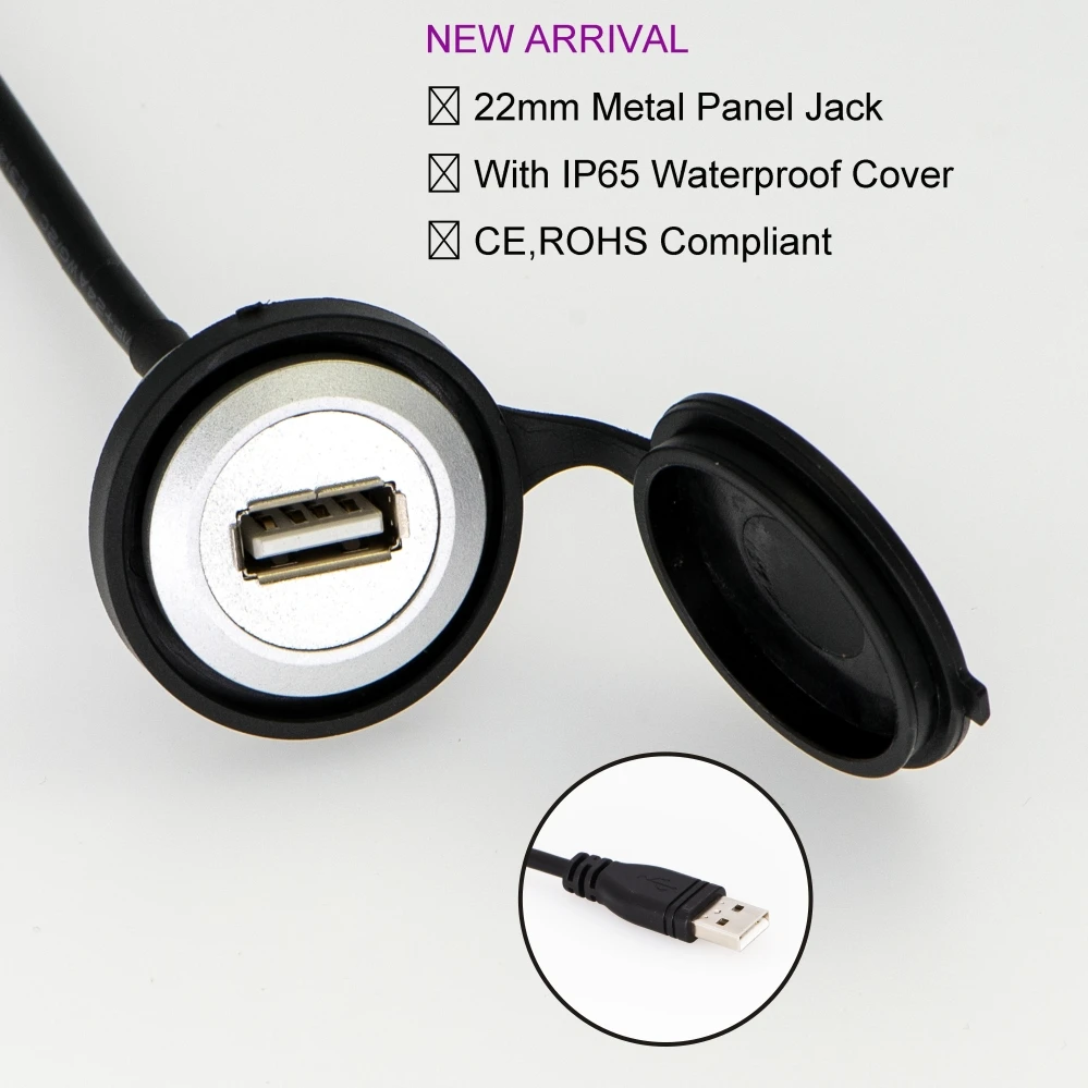 22mm Hole Install USB Connector/Socket FEMALE A - MALE A With Extend Cable(60cm,150cm,200cm) afbeelding