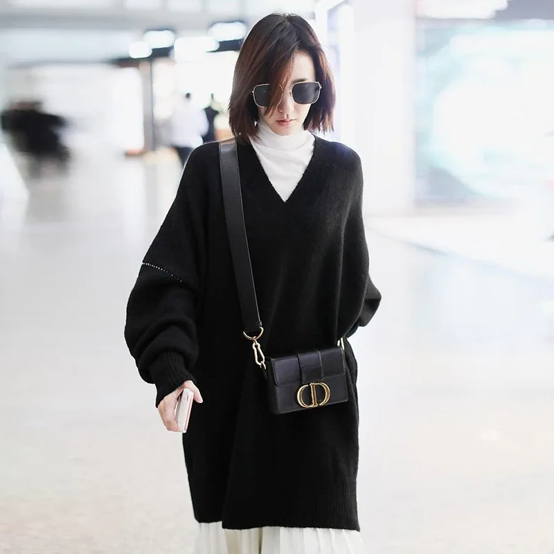 

Sweater Women Wear Thickened Medium Length Loose Knit Korean Casual All-around Clothes 2019 Black Sweater Women