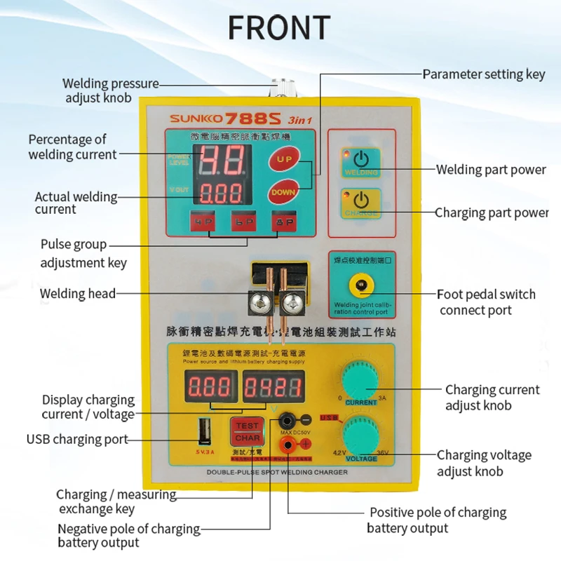 SUNKKO 788S батарея точечная сварка 2.8KW Многофункциональный импульсный точечный сварочный агрегат для 18650 литиевой батареи точечная сварка usb зарядка тест