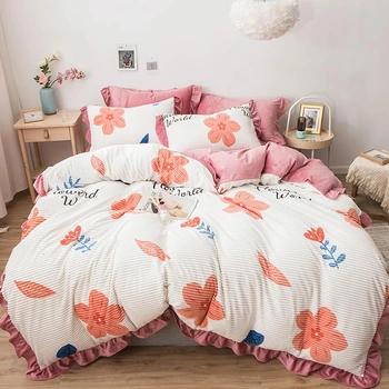 

AB Version Double-sided Velvet Bedding Set Cute Ruffle Style Duvet Cover Pillowcase Bed Sheet Thicken Warm Bedclothes