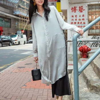 

LANMREM 2020 new spring and summer high street women's clothes turn-down collar full sleeves single breasted shirt dress WK98402