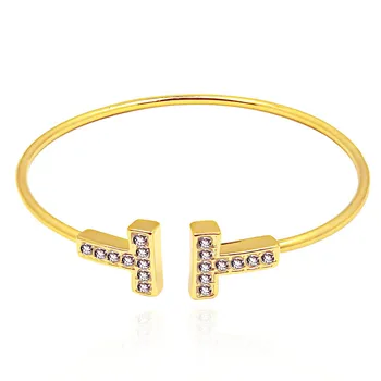 

Gold Plated Adjustable CZ Crystal Pulsera Double T Shaped Cuff Bangle Open Cross Charm Bracelet For Women