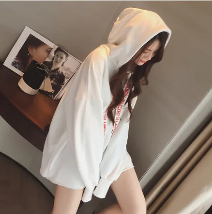 

2018 Spring New Style Tops WOMEN'S Dress Korean-style Mid-length Loose-Fit Hooded Bat Sleeve Lettered Students Health