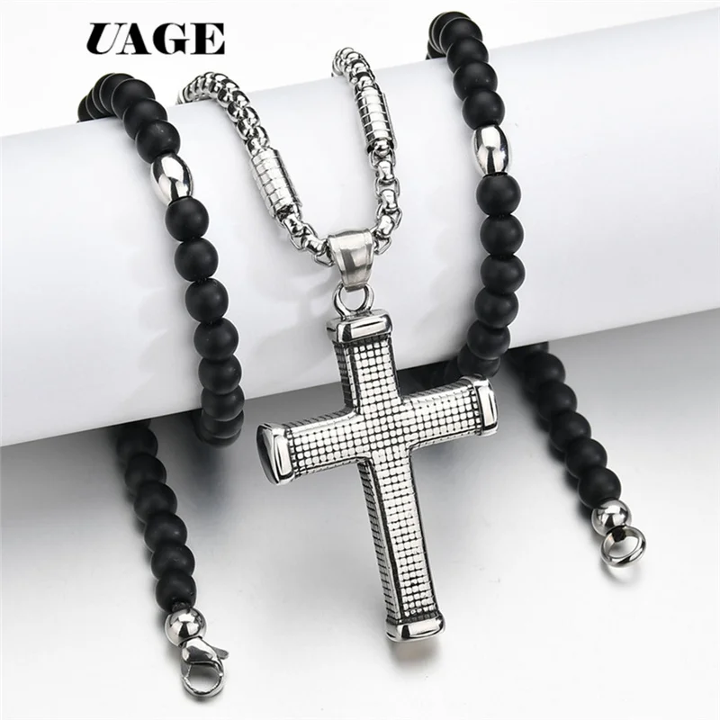

UAGE Rosary beaded Jesus CROSS Black Stone pendant necklace for men and women