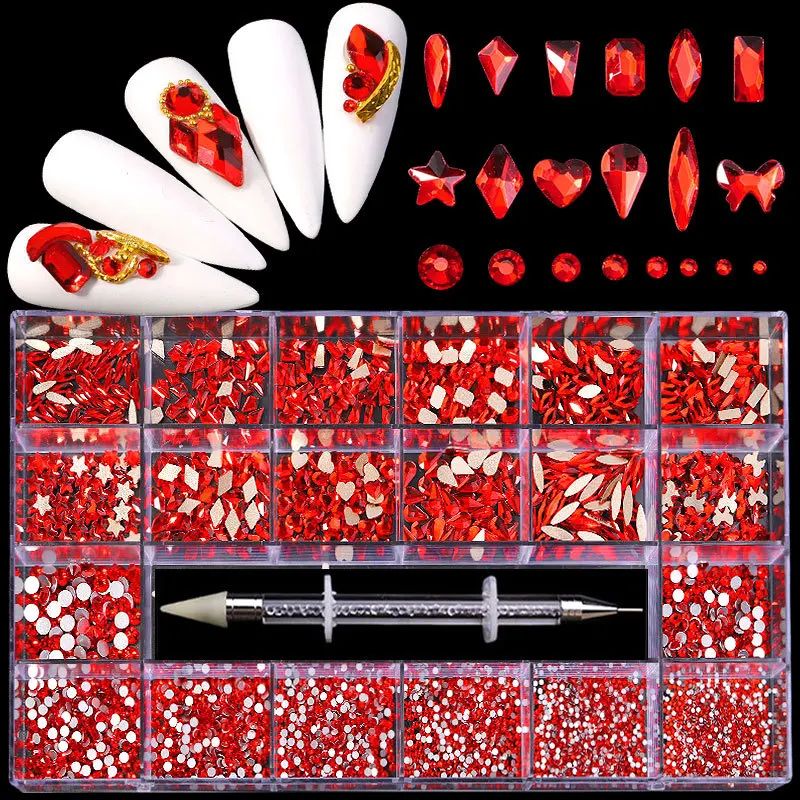 Flatback Nail Art Rhinestone Set With Gift Box Mixed Sizes NailArt Crystal Diamond In Grids 21 Special Shaped With Pick Up Pen