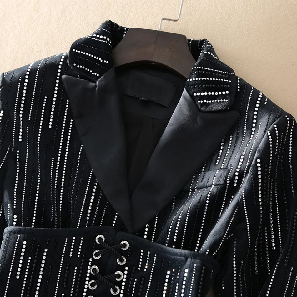 Женский костюм куртка с алмазным v-образным вырезом Полосатый черный женский костюм куртка ремонт сексуальный костюм куртка Новая мода зима